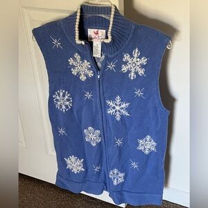 Vintage Christmas sweater vest blue snowflakes embellished zip size Med.